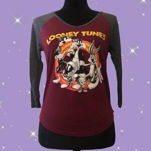 Women’s Looney Tunes Maroon and Gray Raglan Lightweight Graphic Top
